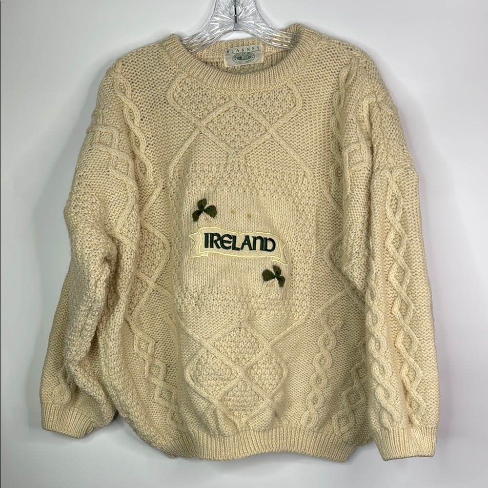 Blarney Woolen Mills Wool Ireland Clover Cable Knit Fisherman Ivory Sweater 2XL